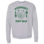Gray sweatshirt with green "Vermont 1981 Teddy Bear" text and bear graphic on front.
