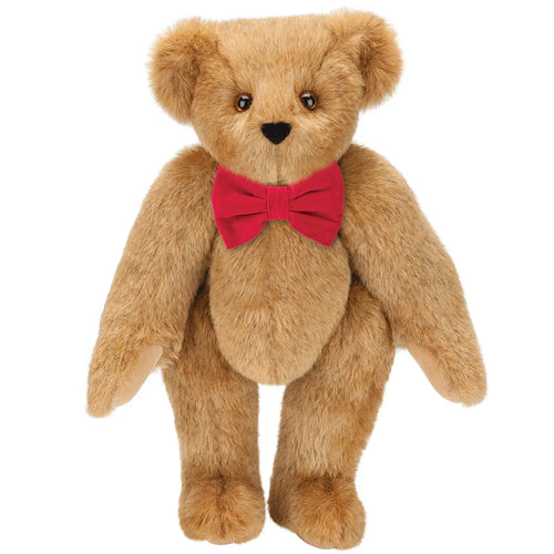 Honey-colored classic teddy bear with brown eyes and red bow tie, 15 inches tall.