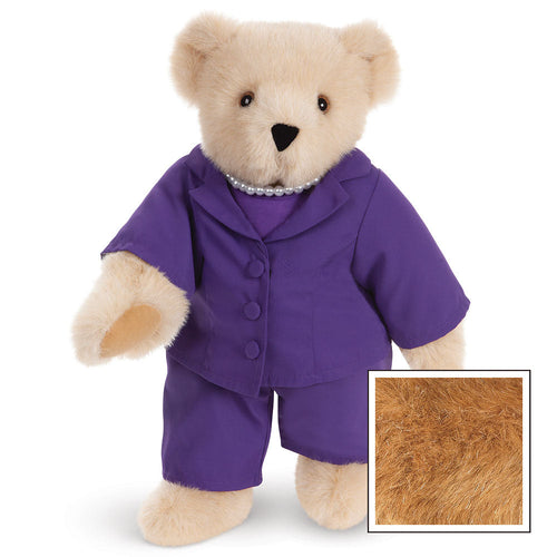 15-inch honey-colored teddy bear wearing a tailored purple business suit with jacket and pants, black button accents, and a.